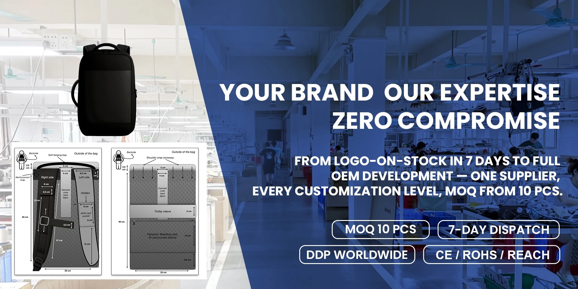 From logo-on-stock in 7 days to full OEM development &mdash; one supplier, every customization level, MOQ from 10 pcs.